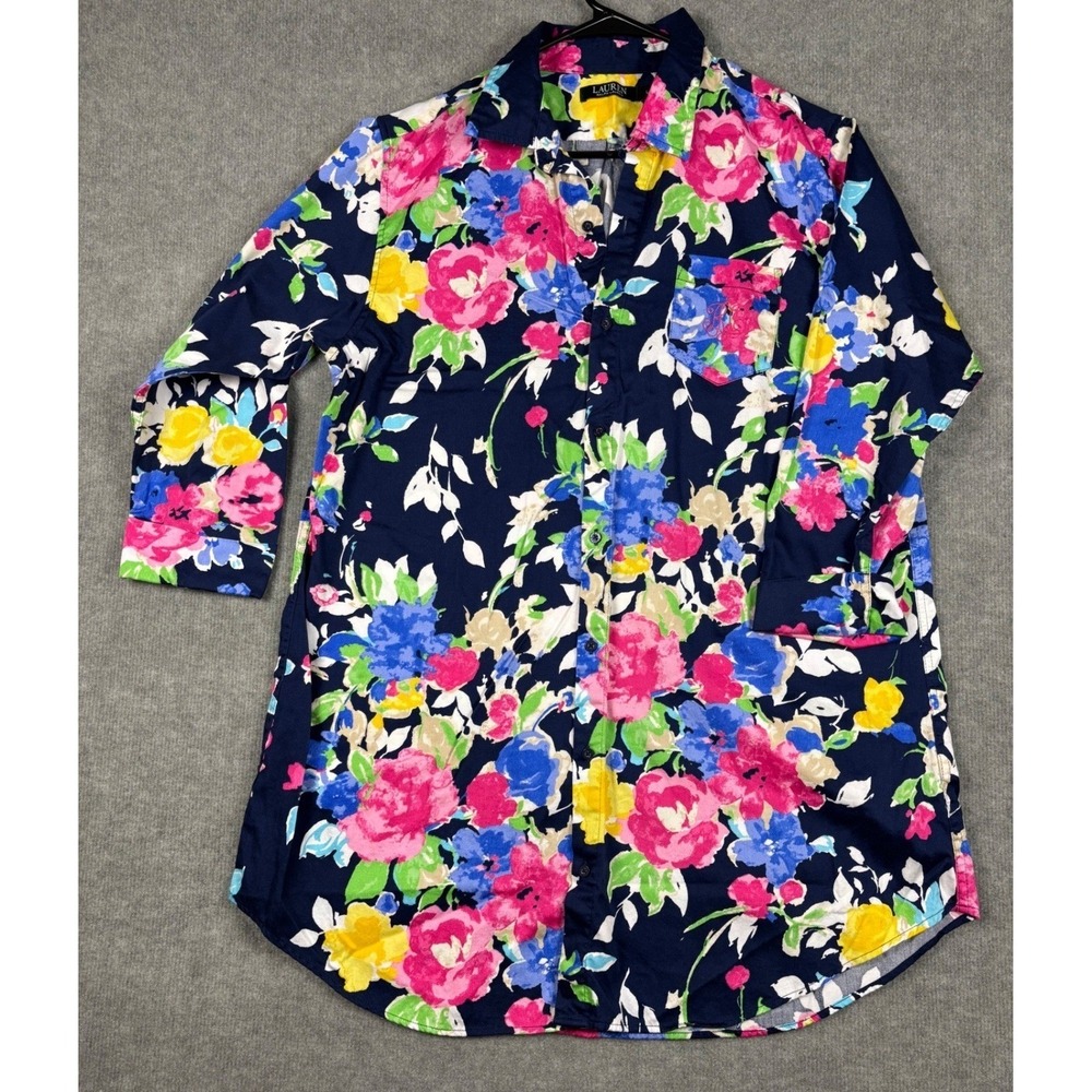 Lauren Ralph Lauren Floral Button Down Shirt Monogram L Navy Blue Multicolor